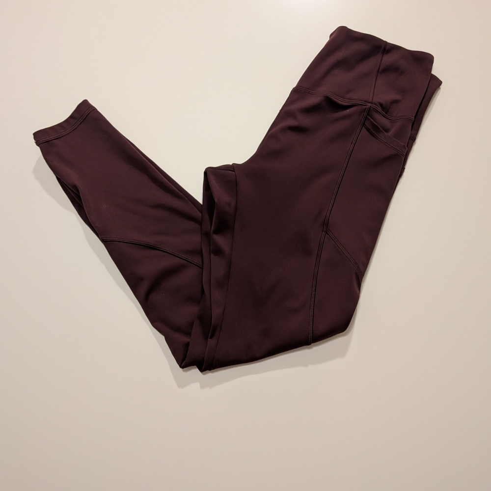 High Waisted Athletic Pocket Leggings Burgundy Wine 7/8 Length Yoga Pants‎